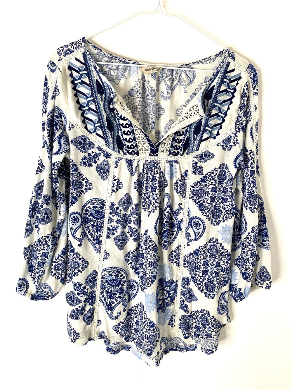 Lucky Brand Blue White Paisley Embroidered Boho Tunic Blouse Top